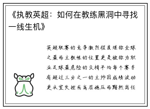 《执教英超：如何在教练黑洞中寻找一线生机》